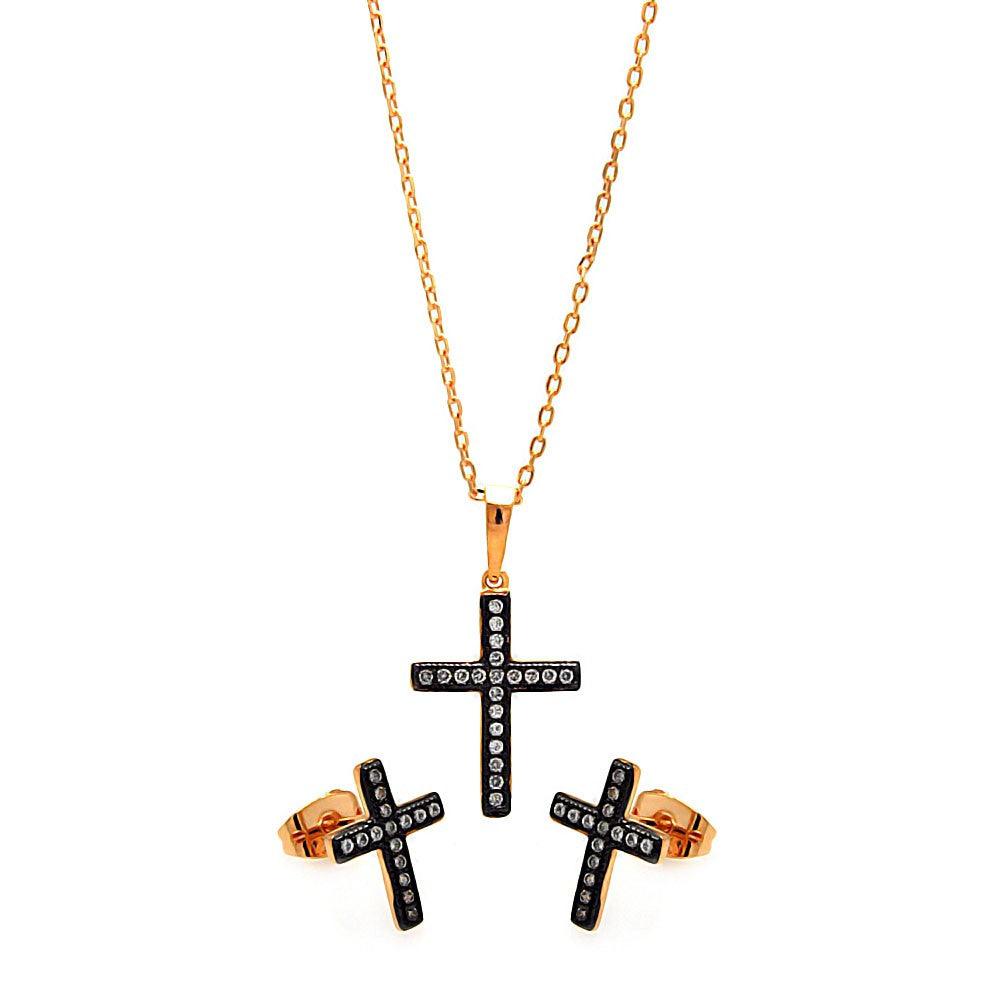 Silver 925 Black Rhodium and Gold Plated Cross Clear CZ Stud Earring and Necklace Set - BGS00277