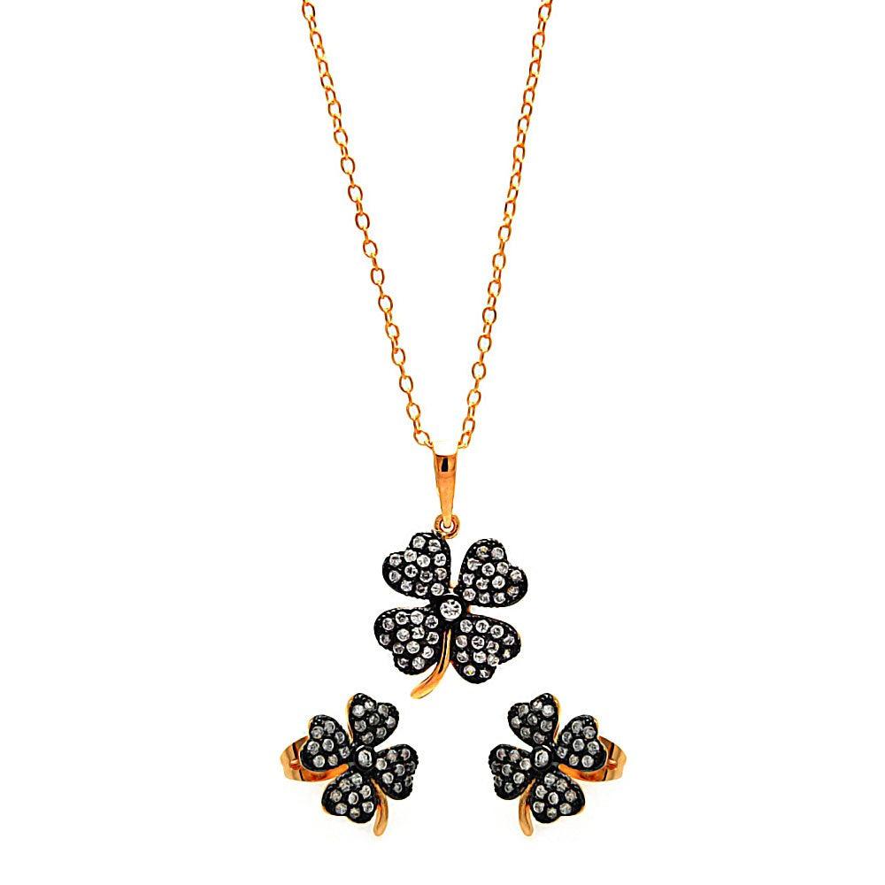 Silver 925 Black Rhodium and Gold Plated Clear Mini Clover CZ Set - BGS00301