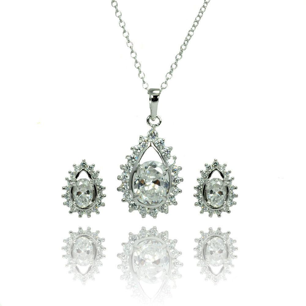 Silver 925 Rhodium Plated Clear Teardrop Cluster CZ Stud Earring and Necklace Set - BGS00363