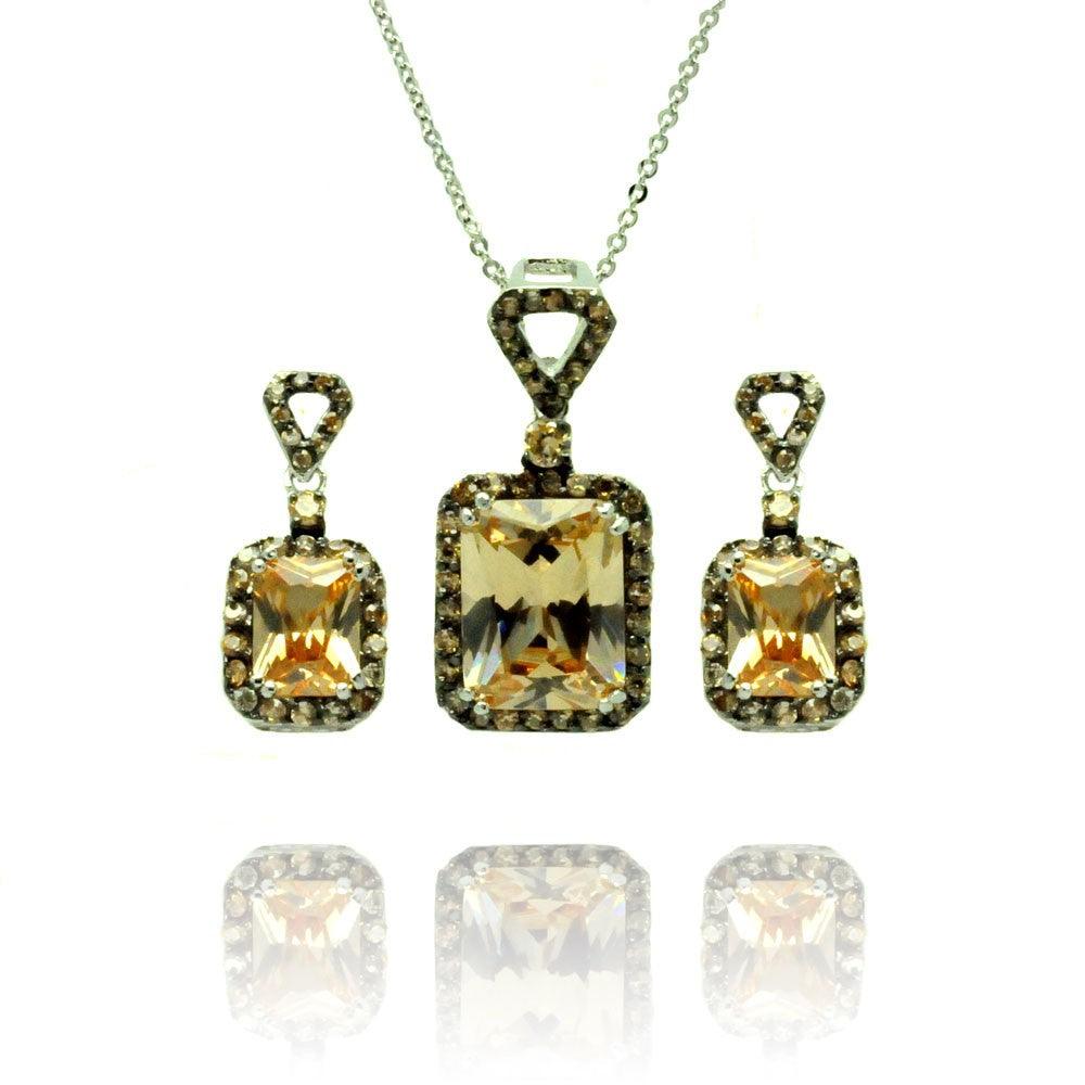 Silver 925 Black Rhodium Plated Yellow Round and Rectangular CZ Dangling Stud Earring and Necklace Set - BGS00375