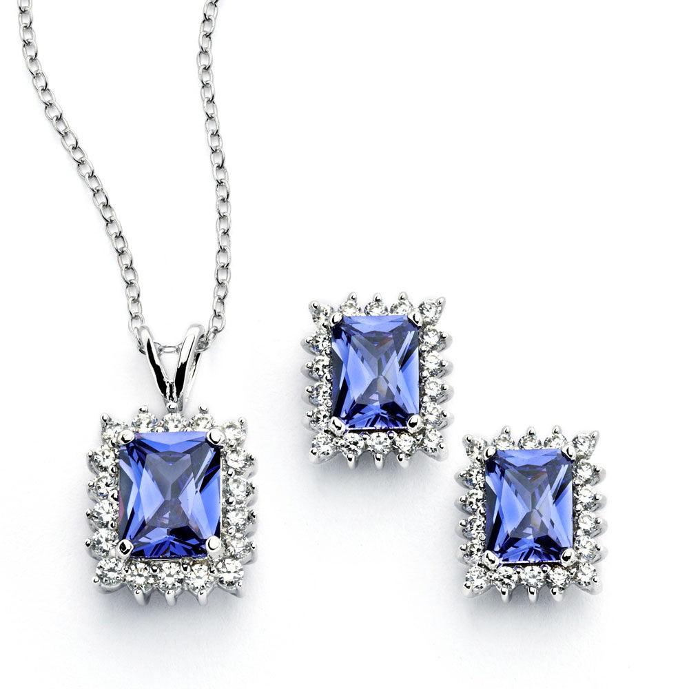 Silver 925 Rhodium Plated Clear Cluster Blue Rectangle CZ Stud Earring and Necklace Set - BGS00389