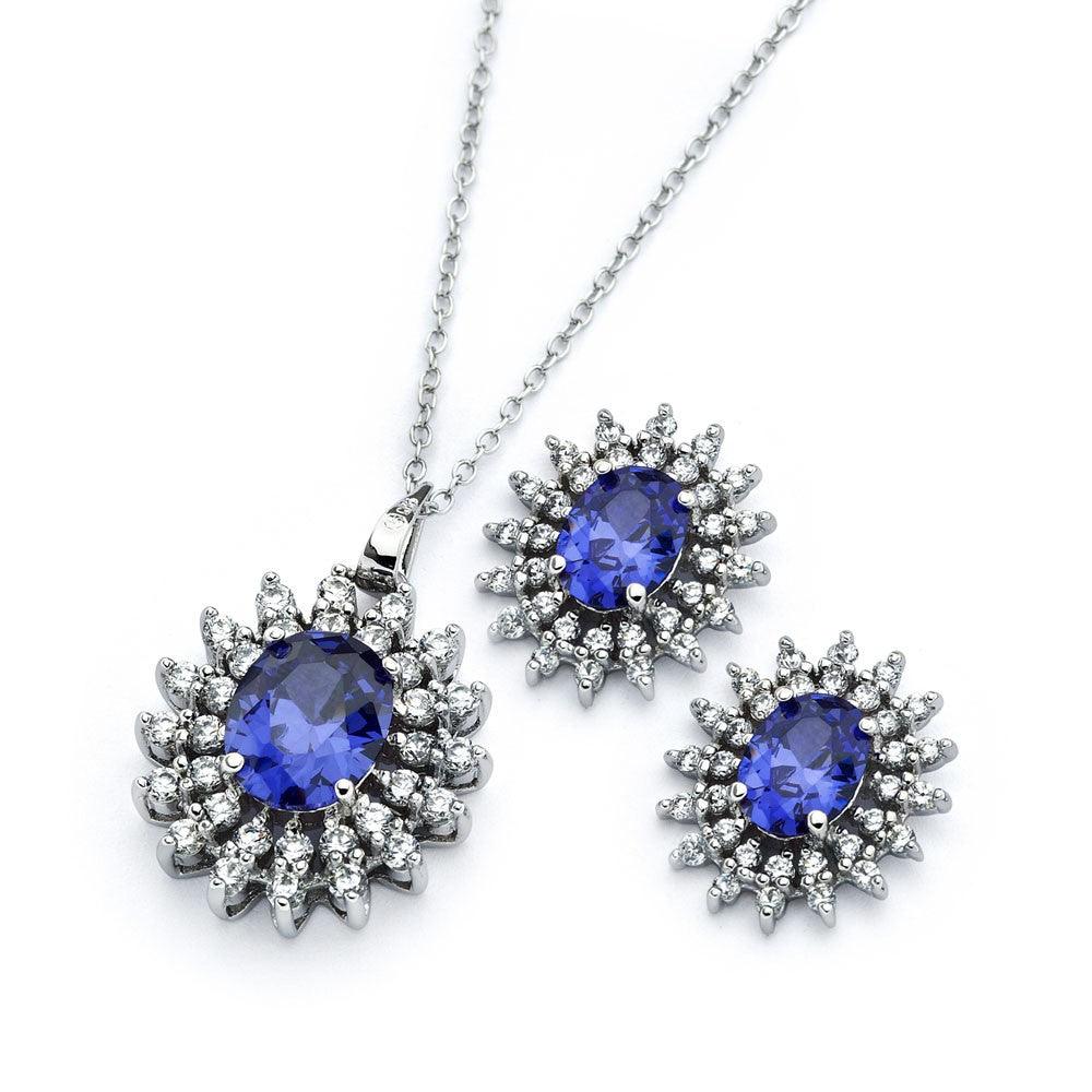 Silver 925 Rhodium Plated Clear Cluster Blue Oval CZ Stud Earring and Necklace Set - BGS00393