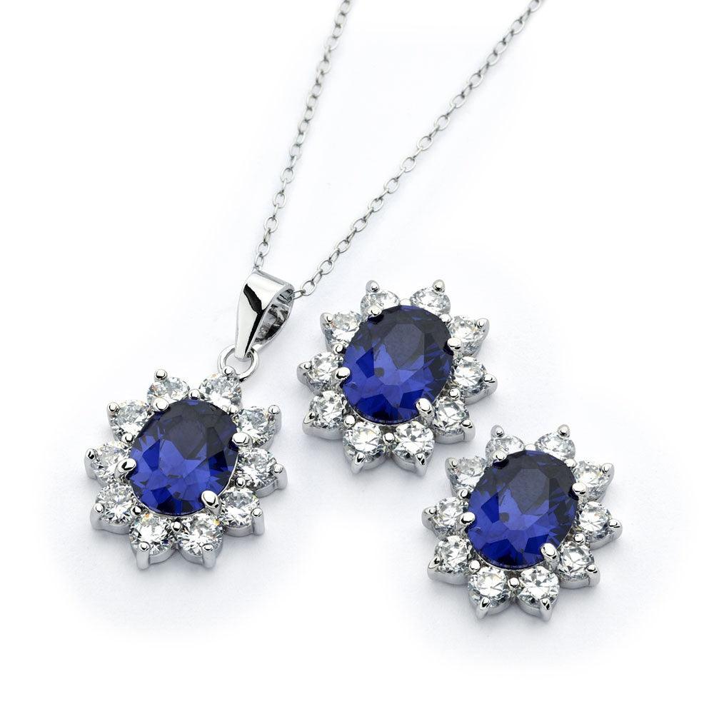 Silver 925 Rhodium Plated Clear Cluster Blue Cluster Flower CZ Stud Earring and Necklace Set - BGS00394