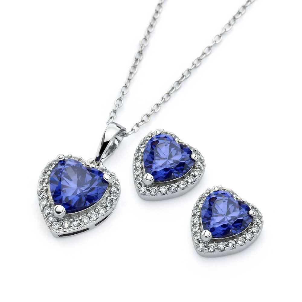 Silver 925 Rhodium Plated Clear Cluster Blue Heart CZ Stud Earring and Necklace Set - BGS00398