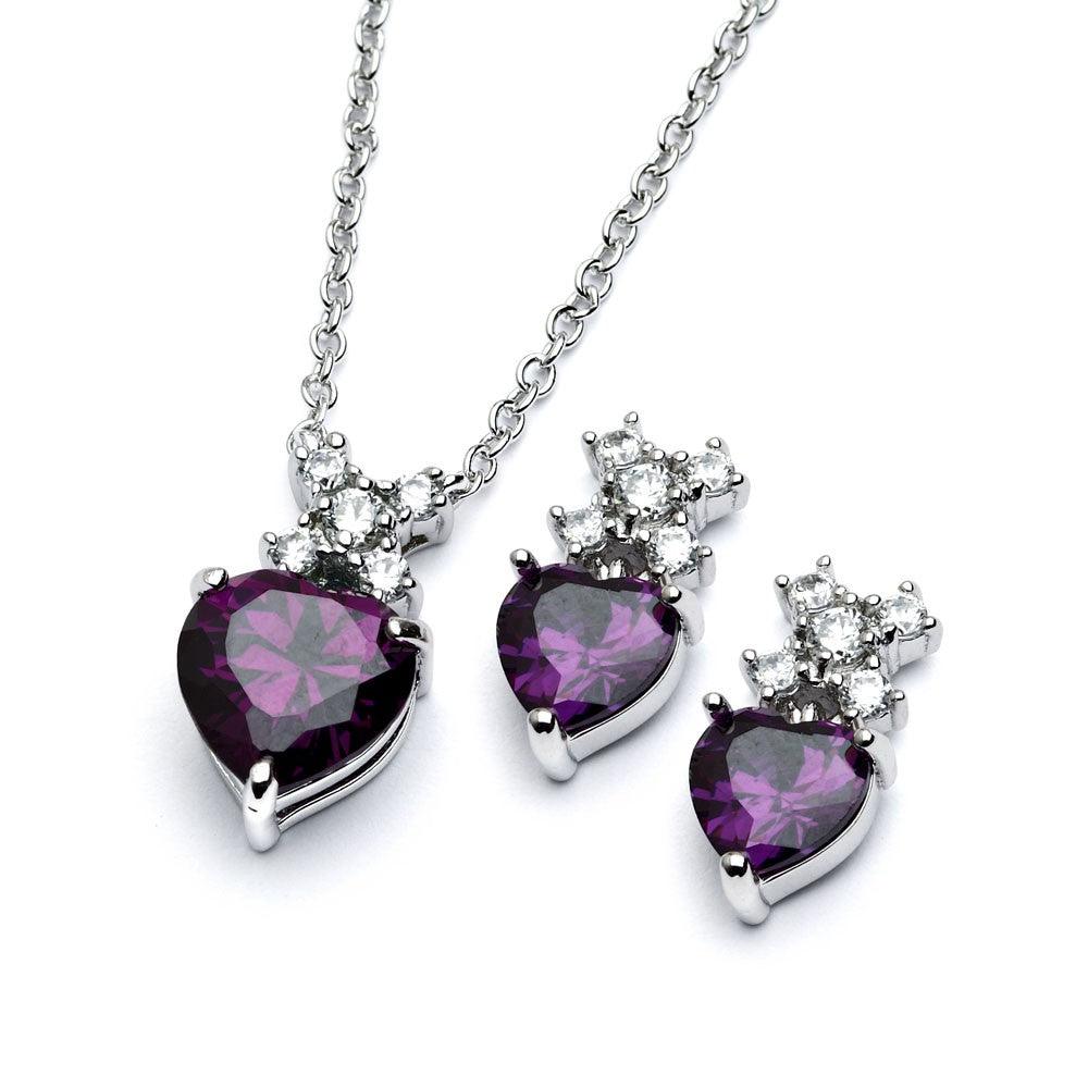 Silver 925 Rhodium Plated Clear Round Purple Heart CZ Stud Earring and Necklace Set - BGS00399A