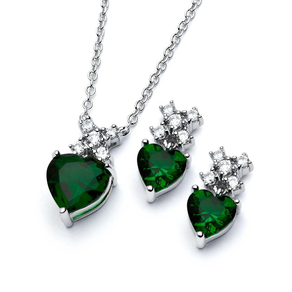 Silver 925 Rhodium Plated Clear Round Green Heart CZ Stud Earring and Necklace Set - BGS00399G