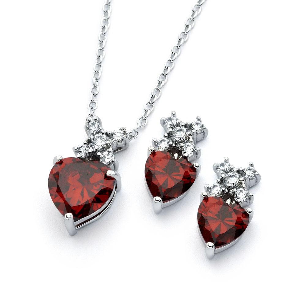 Silver 925 Rhodium Plated Clear Round Red Heart CZ Stud Earring and Necklace Set - BGS00399R