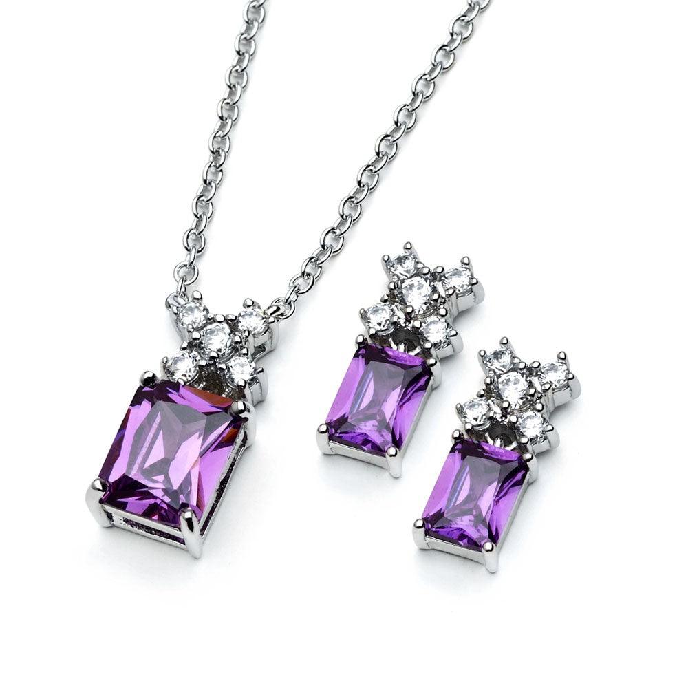 Silver 925 Rhodium Plated Clear Round Purple Rectangle CZ Stud Earring and Necklace Set - BGS00400A