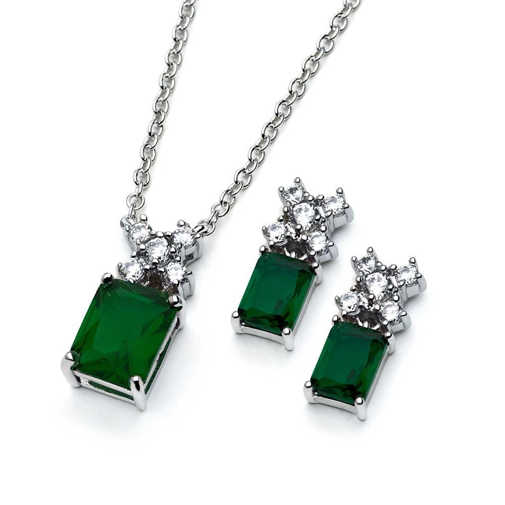 Silver 925 Rhodium Plated Clear Round Green Rectangle CZ Stud Earring and Necklace Set - BGS00400G
