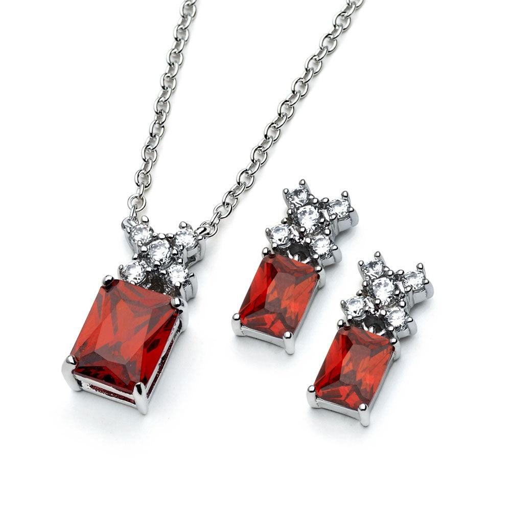 Silver 925 Rhodium Plated Clear Round Red Rectangle CZ Stud Earring and Necklace Set - BGS00400R