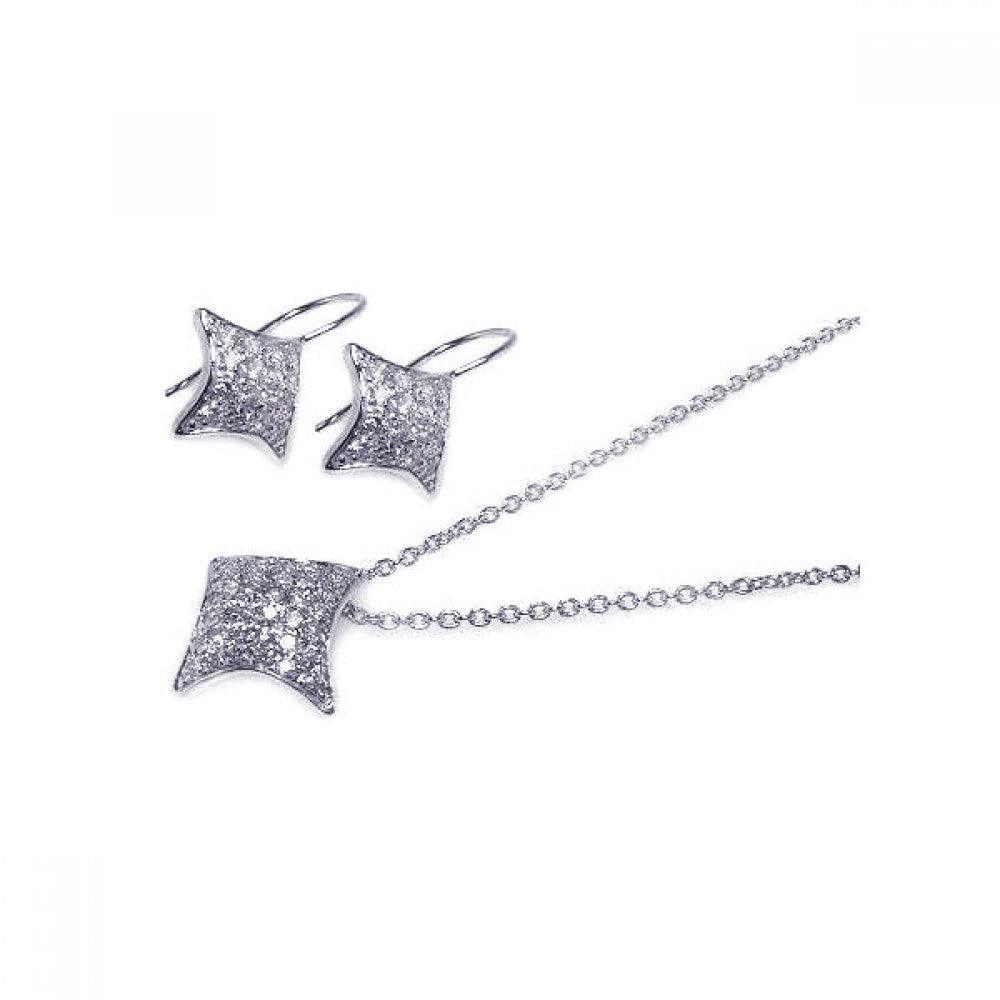 Closeout-Silver 925 Rhodium Plated Curve Square CZ Hook Earring and Necklace Set - STS00002