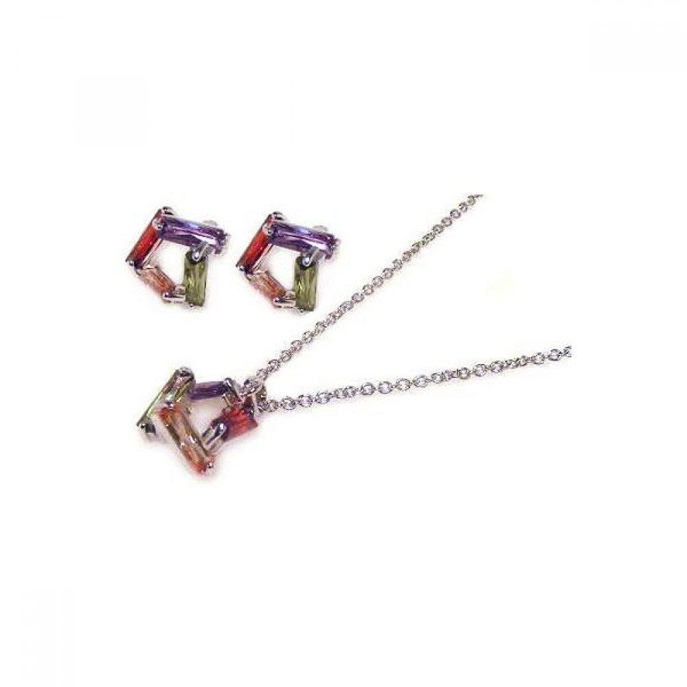 Silver 925 Rhodium Plated Multicolor Baguette Open Square CZ Stud Earring and Necklace Set - STS00003-MULTI