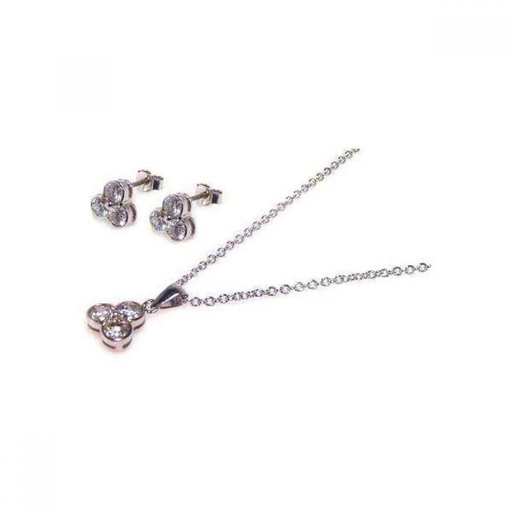 Silver 925 Rhodium Plated Flower Round CZ Stud Earring and Dangling Necklace Set - STS00013