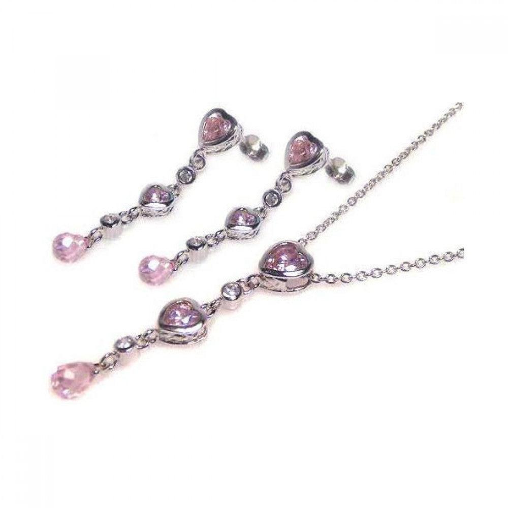 Closeout-Silver 925 Rhodium Plated Graduated Pink Heart and Clear Teardrop CZ Dangling  Set - STS00025