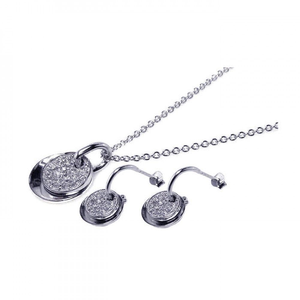 Closeout-Silver 925 Rhodium Plated Micro Pave Oval Circle CZ Dangling Hook Earring and Necklace Set - STS00034