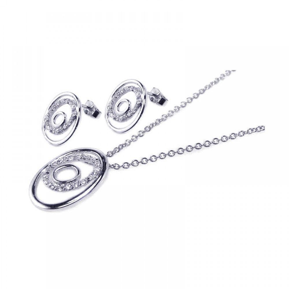 Silver 925 Rhodium Plated Open Circle CZ Stud Earring and Necklace Set - STS00040