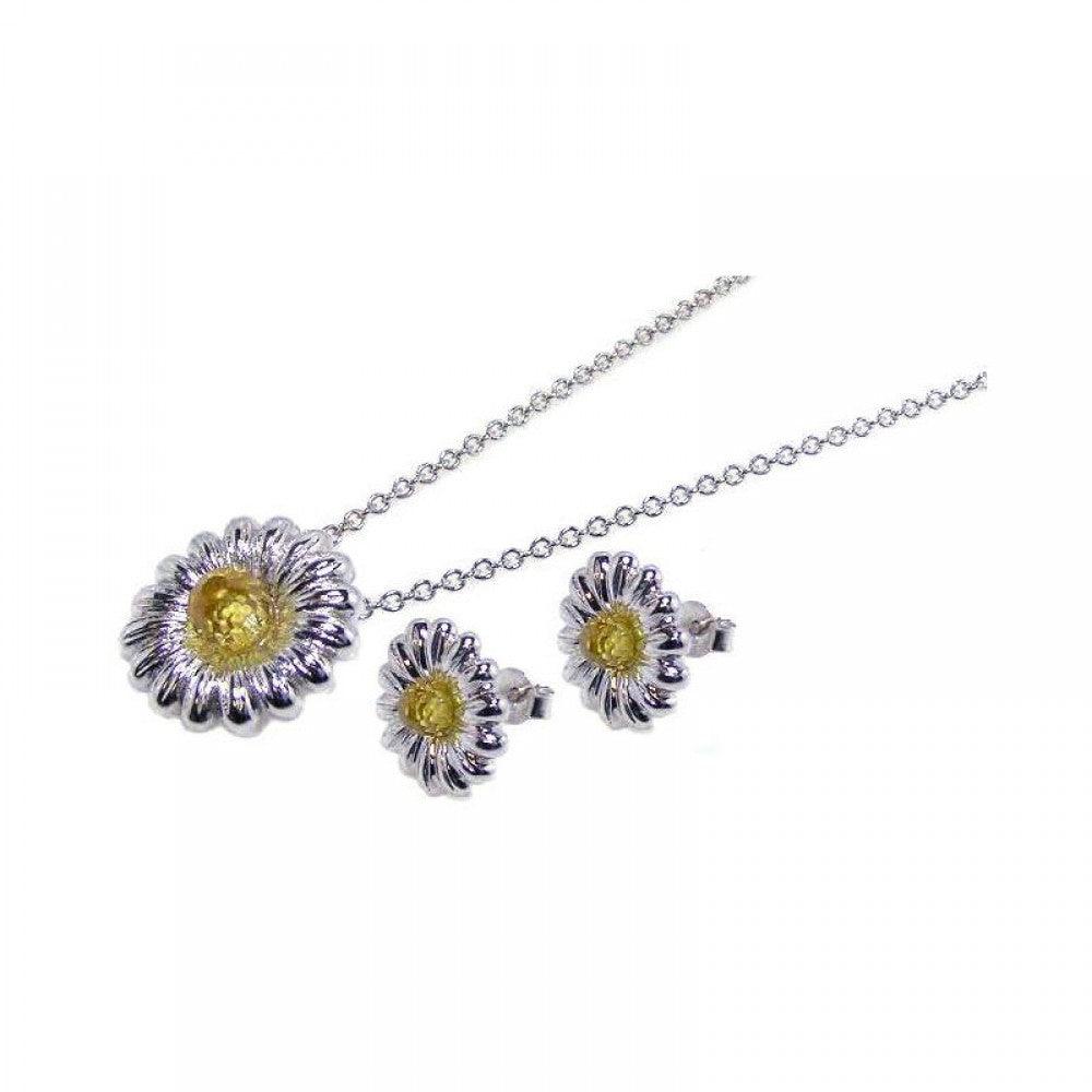 Closeout-Silver 925 Rhodium Plated Yellow Flower CZ Stud Earring and Necklace Set - STS00063