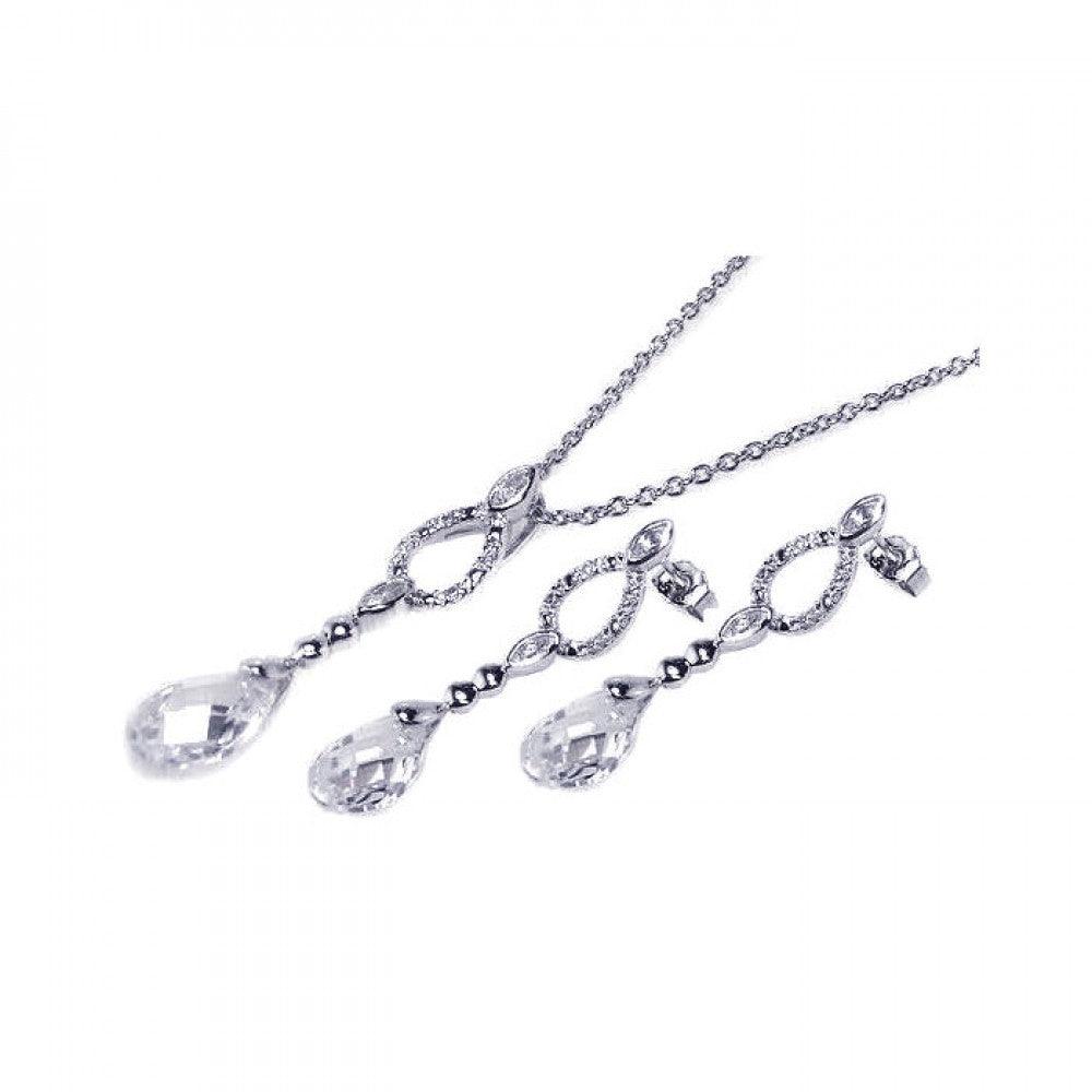 Silver 925 Rhodium Plated Open Teardrop CZ Dangling Stud Earring and Necklace Set - STS00074