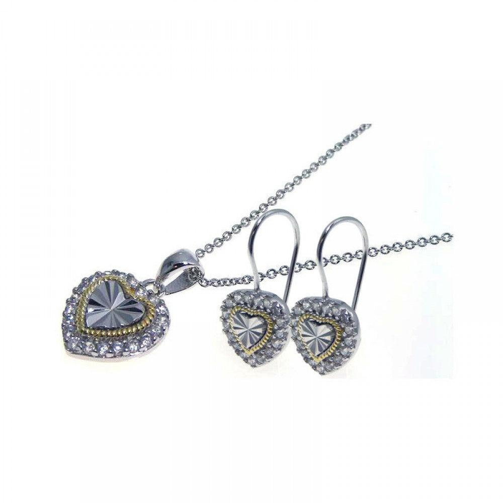 Closeout-Silver 925 Gold and Rhodium Plated Heart CZ Hook Earring and Necklace Set - STS00096