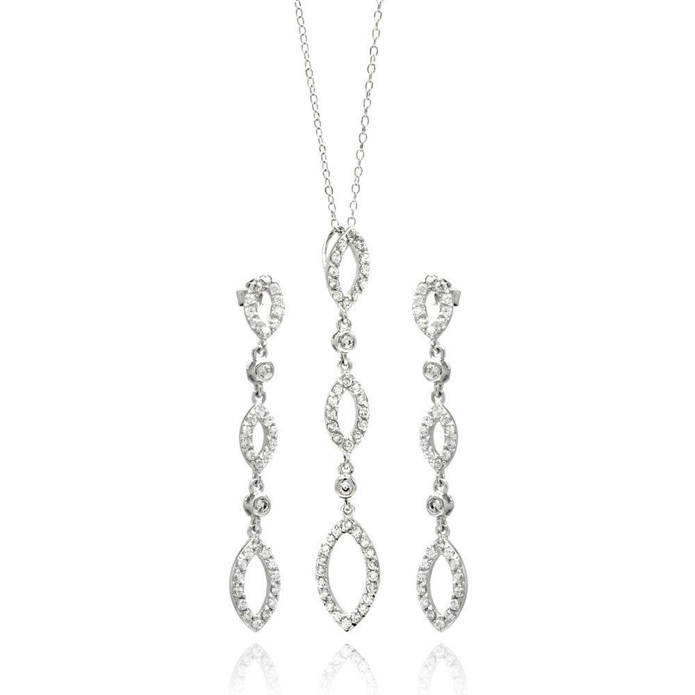 Silver 925 Rhodium Plated Open Marquis Dangling CZ Stud Earring and Necklace Set - STS00104