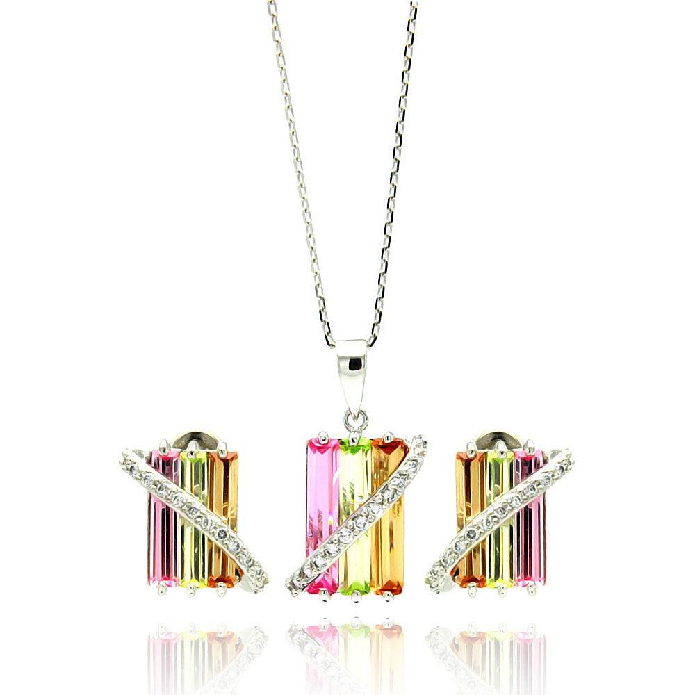 Silver 925 Rhodium Plated Multi Colored Rectangular CZ Stud Earring and Necklace Set - BGS00202