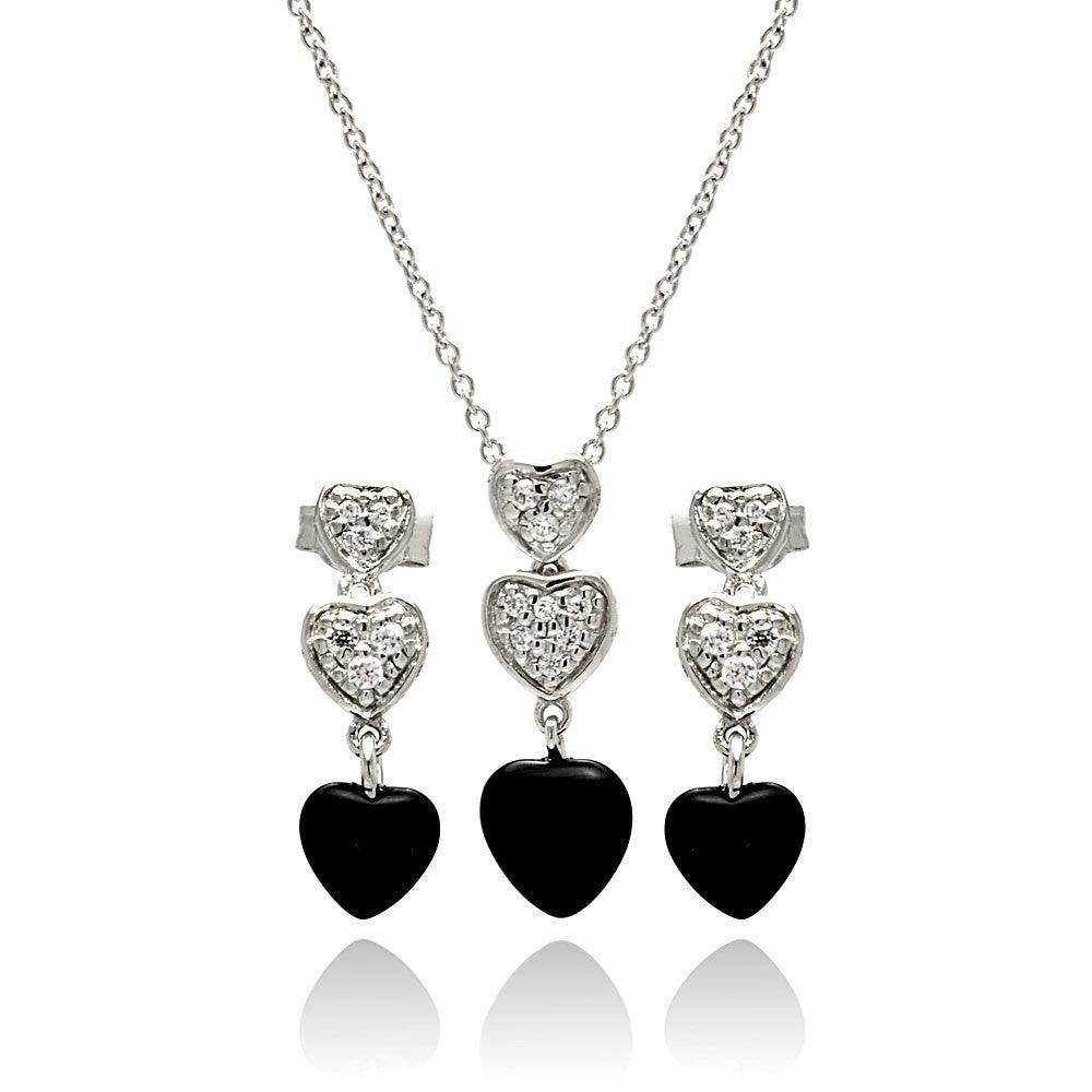 Silver 925 Rhodium Plated Dangling Heart CZ Black Onyx Stud Earring and Necklace Set - STS00109