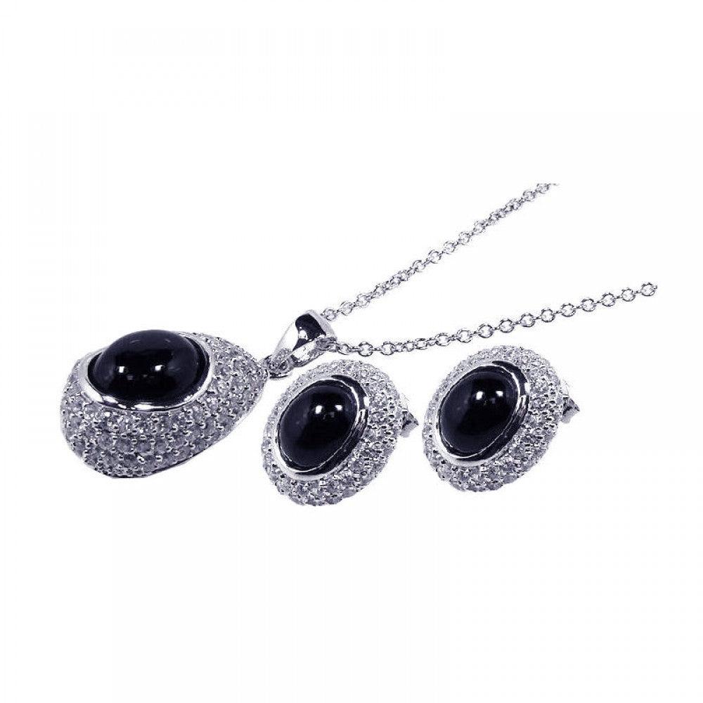 Closeout-Silver 925 Rhodium Plated Round CZ Black Circle Onyx Stud Earring and Necklace Set - STS00125