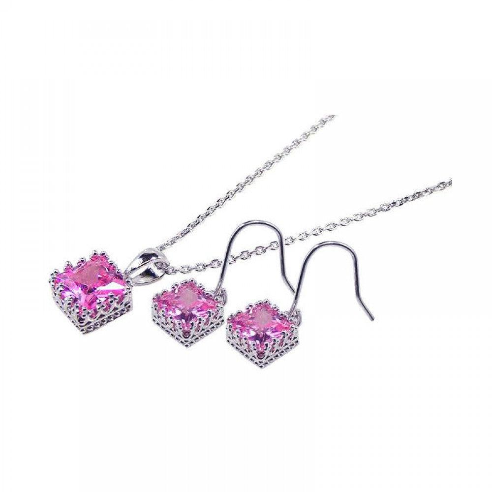 Silver 925 Rhodium Plated Square Pink CZ Hook Dangling Set - STS00135PNK