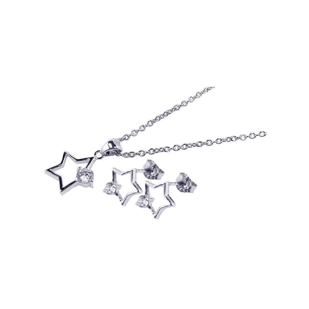 Silver 925 Rhodium Plated Open Star CZ Stud Earring and Necklace Set - STS00140