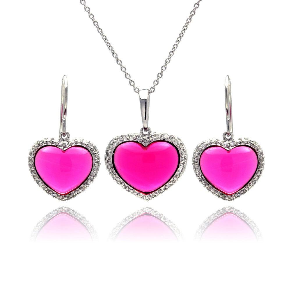 Closeout-Silver 925 Rhodium Plated Heart Pink CZ Hoop Set - STS00147