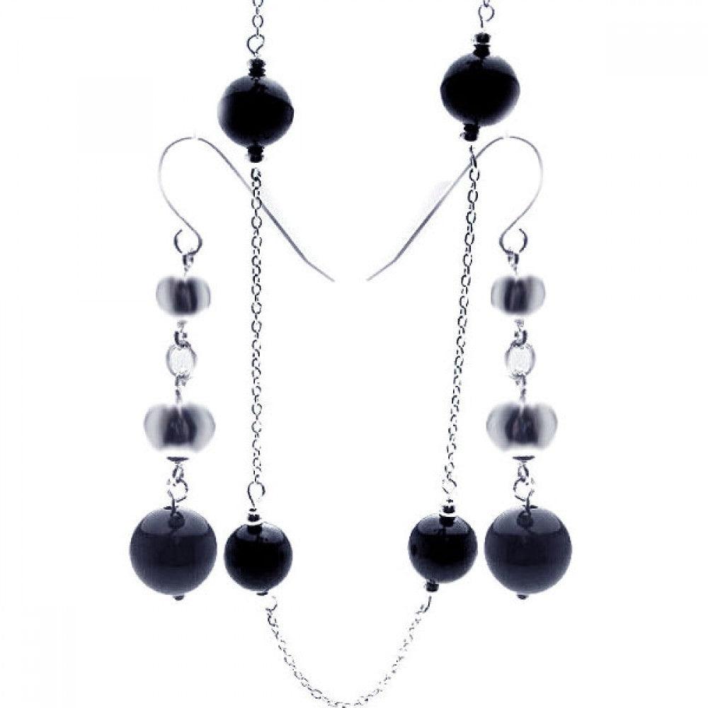 Silver 925 Rhodium Plated Graduated CZ Black Onyx Dangling Hook Set - STS00153