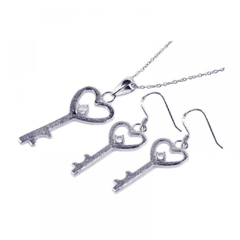 Silver 925 Rhodium Plated Kingdom Heart Key CZ Hook Earring and Necklace Set - STS00156