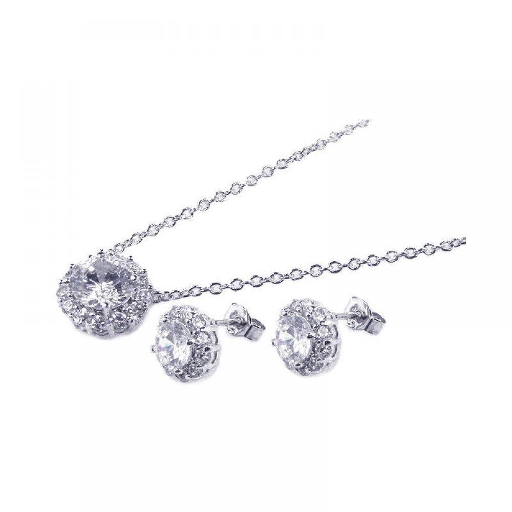 Closeout-Silver 925 Rhodium Plated Round CZ Stud Earring and Necklace Set - STS00158