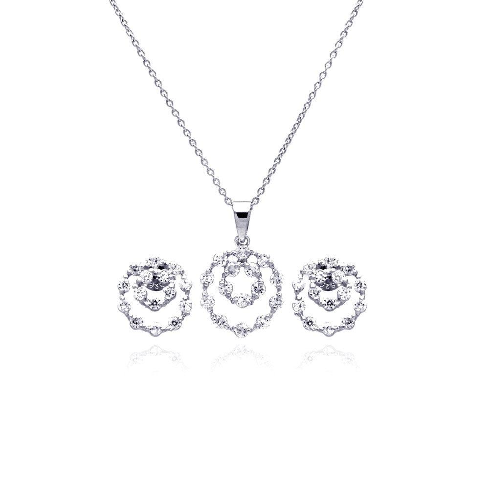 Silver 925 Rhodium Plated Graduated Open Circle CZ Stud Earring and Necklace Set - STS00166