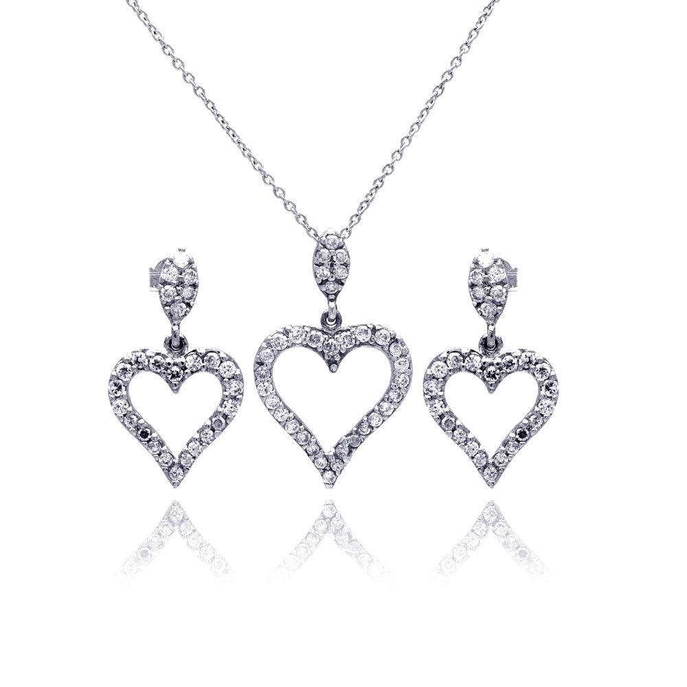 Silver 925 Rhodium Plated Open Heart CZ Dangling Earring and Necklace Set - STS00170