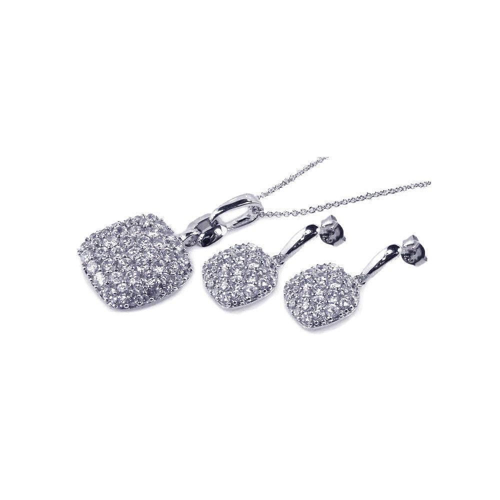 Silver 925 Rhodium Plated Square CZ Dangling Earring and Necklace Set - STS00171