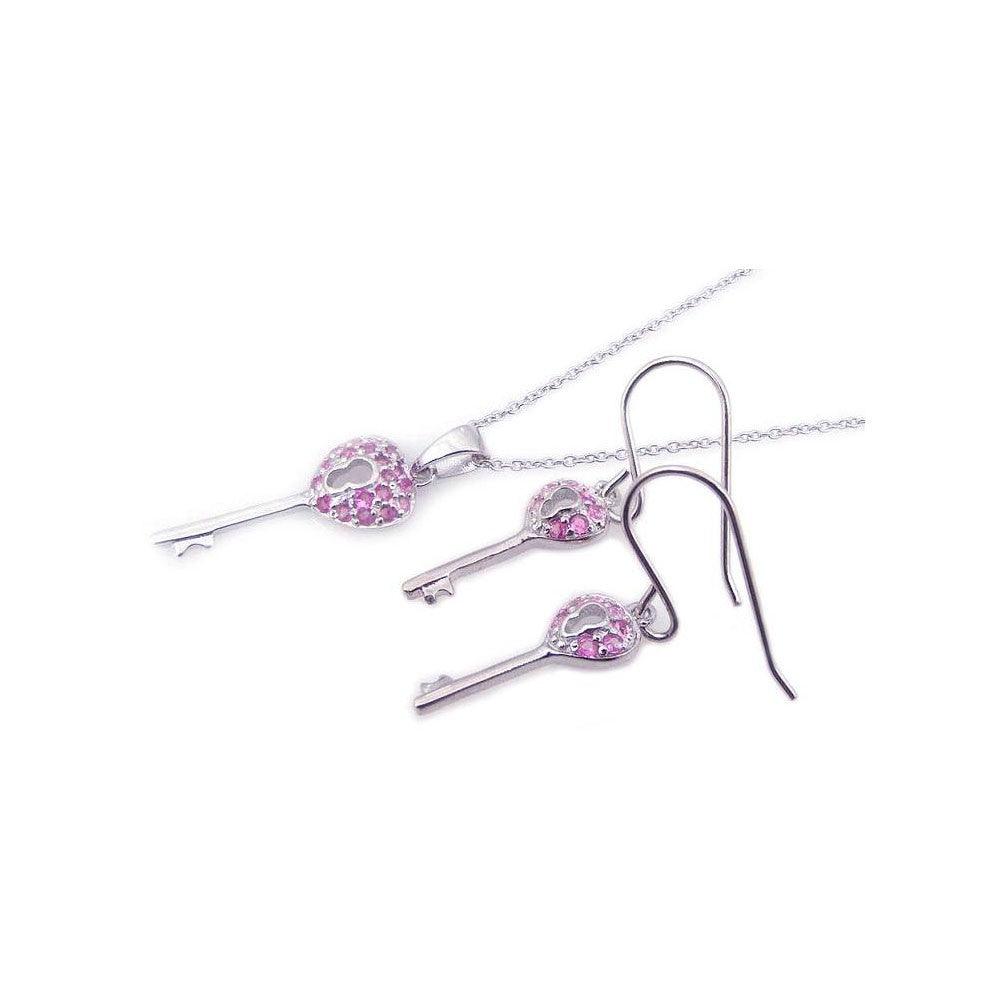 Silver 925 Rhodium Plated Kingdom Heart Pink Key CZ Hook Earring and Necklace Set - STS00174