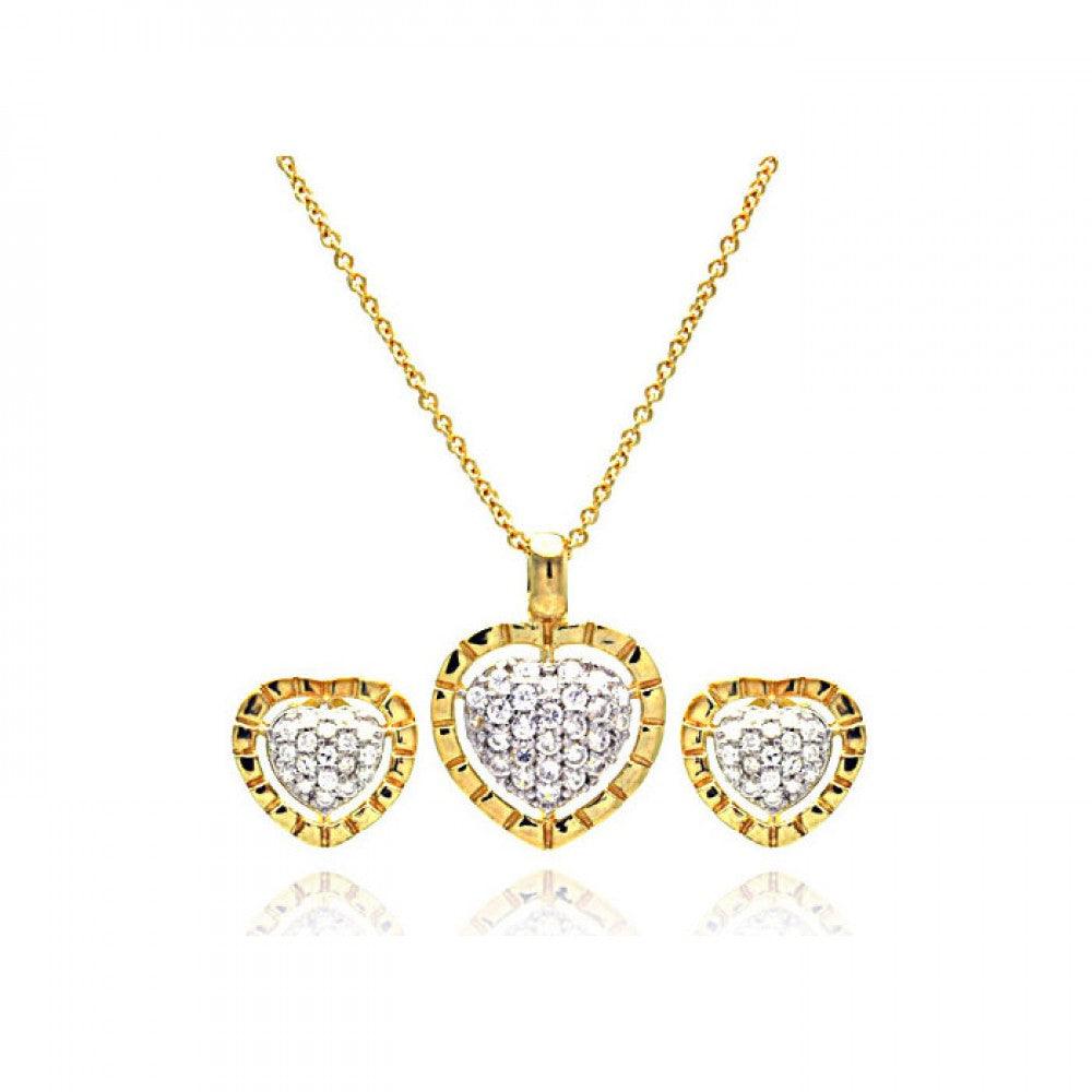 Silver 925 Gold Rhodium Plated Heart CZ Inlay Stud Earring and Necklace Set - STS00175GP