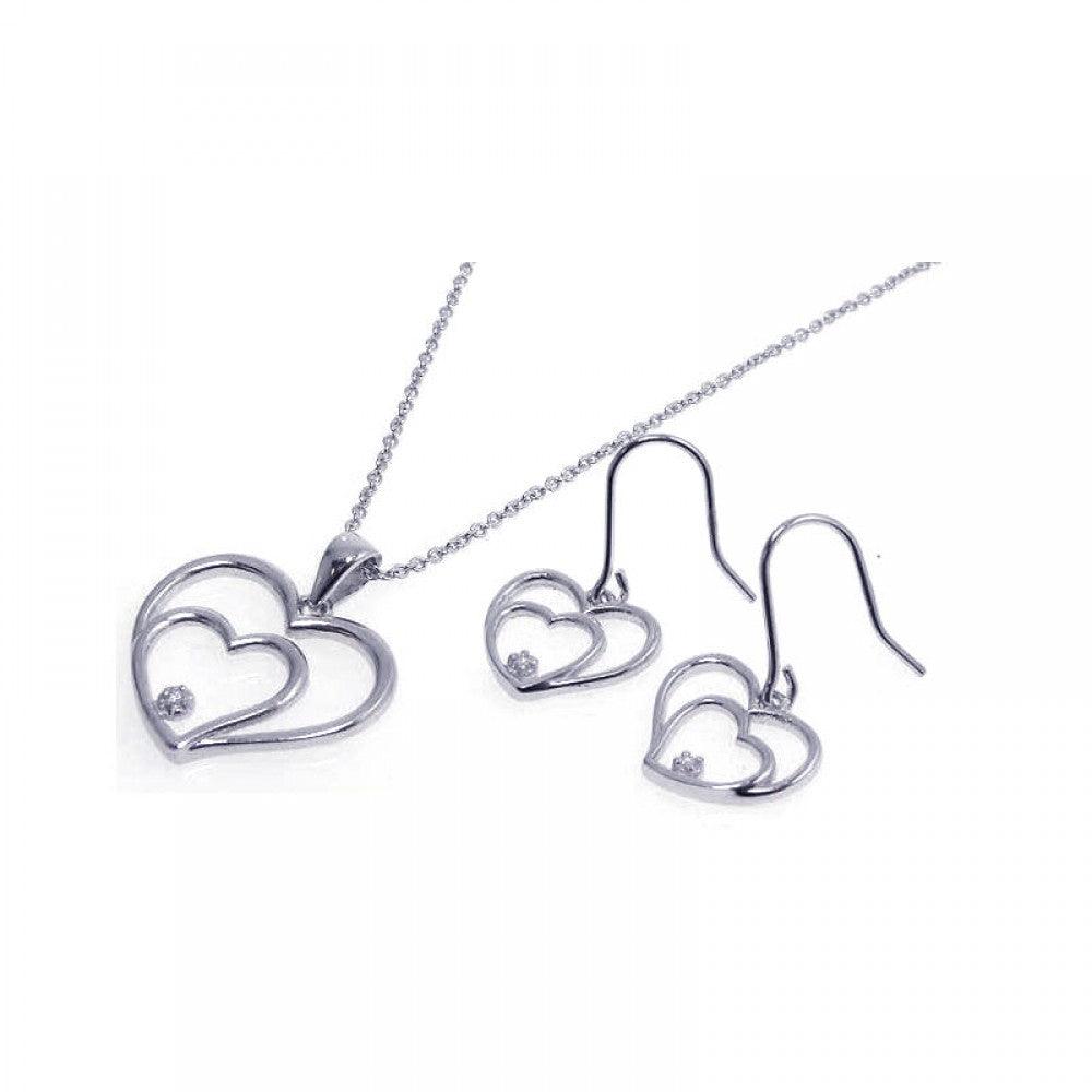 Silver 925 Rhodium Plated Graduated Open Heart CZ Dangling Hook Earring and Necklace Set - STS00176