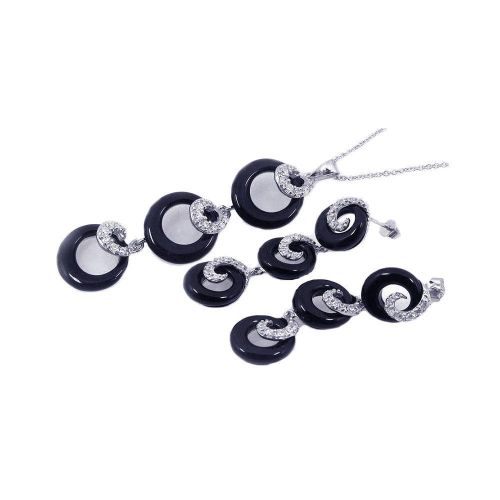 Closeout-Silver 925 Rhodium Plated Multiple Graduated Circle Black Onyx CZ Stud Earring and Necklace Set - STS00177