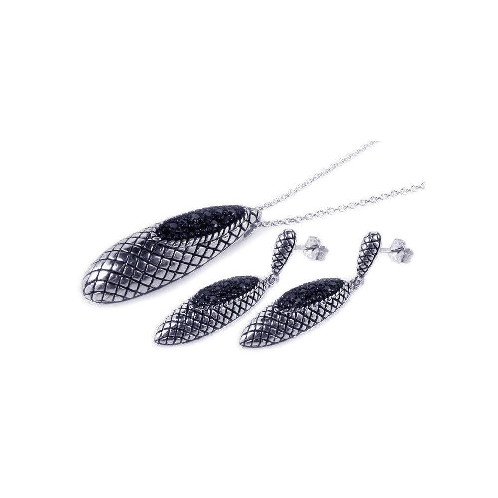 Closeout-Silver 925 Black and Rhodium Plated Oval Teardrop Oxidized Black CZ Inlay Dangling Stud Earring and Necklace Set - STS00182