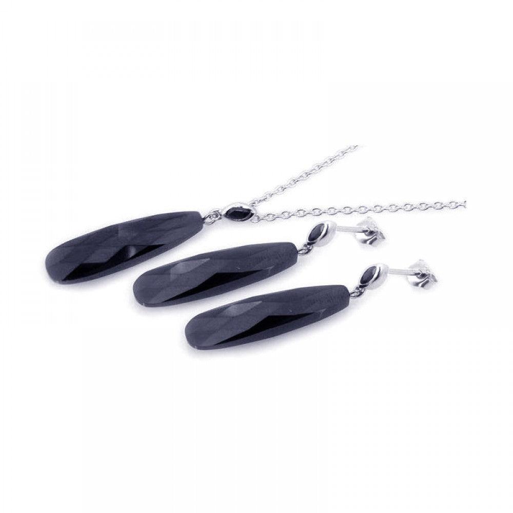 Silver 925 Rhodium Plated Rectangle Teardrop Black CZ Dangling Stud Earring and Necklace Set - STS00202