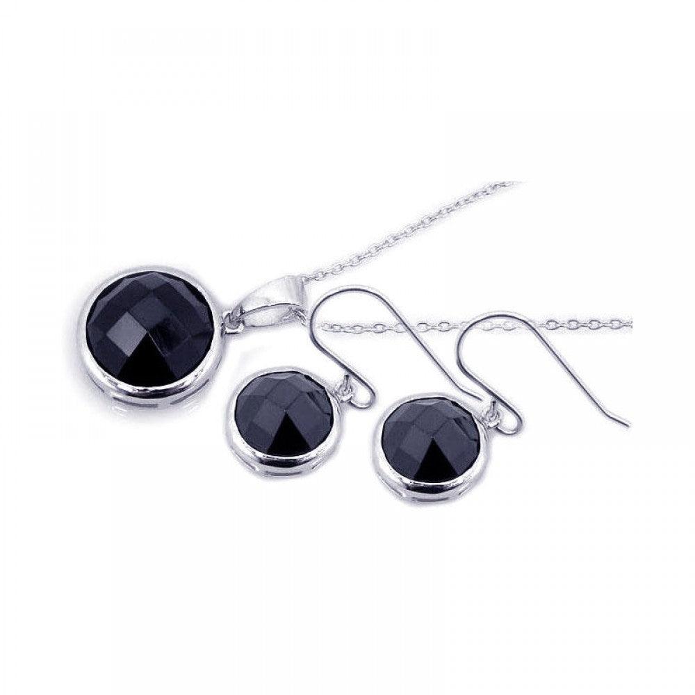 Silver 925 Rhodium Plated Round Black CZ Dangling Hook Set - STS00204