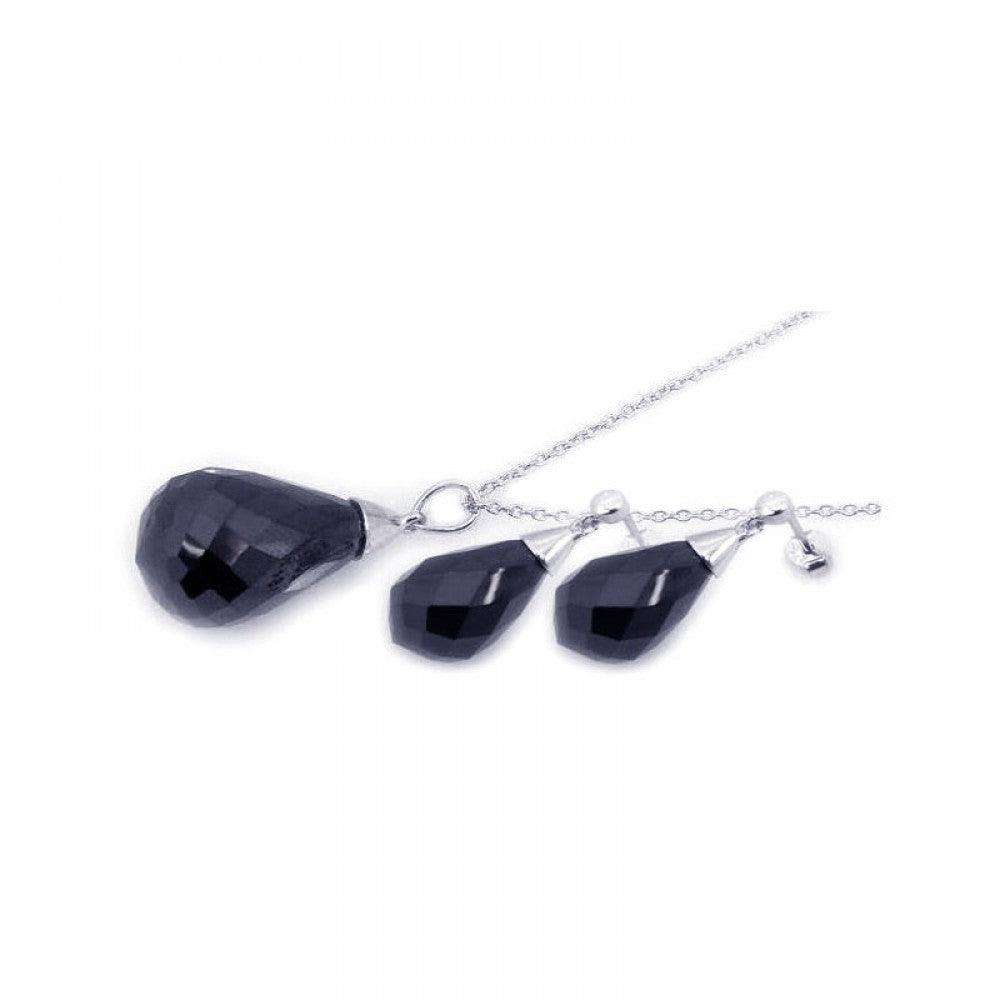 Closeout-Silver 925 Rhodium Plated Squared Teardrop Black CZ Dangling Stud Earring and Necklace Set - STS00205