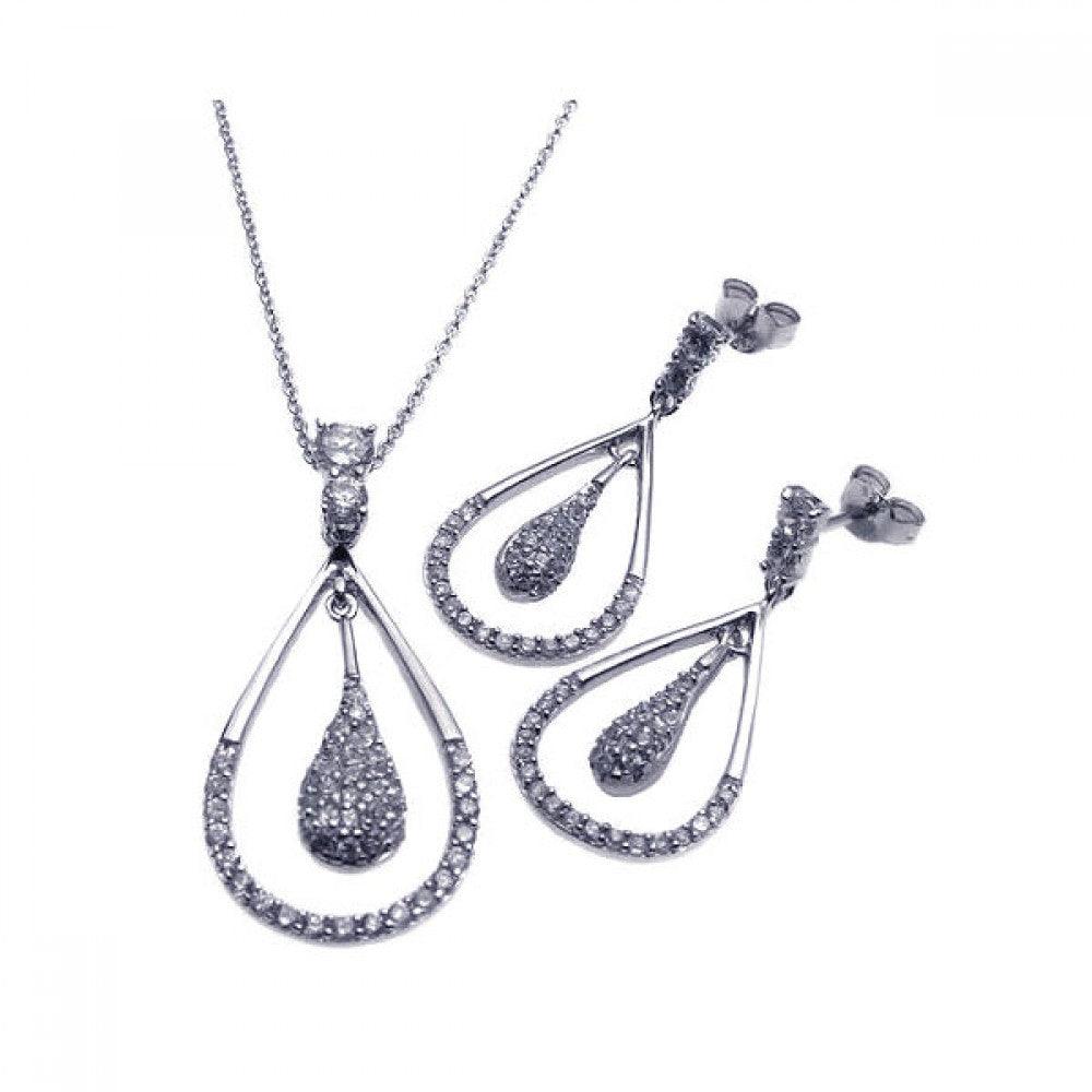 Silver 925 Rhodium Plated Open Teardrop Clear CZ Dangling Set - STS00211CLR