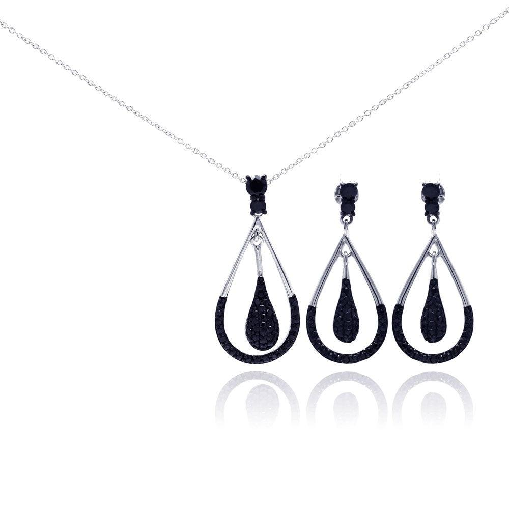 Silver 925 Rhodium Plated Open Teardrop Black CZ Dangling Set - STS00211BLK