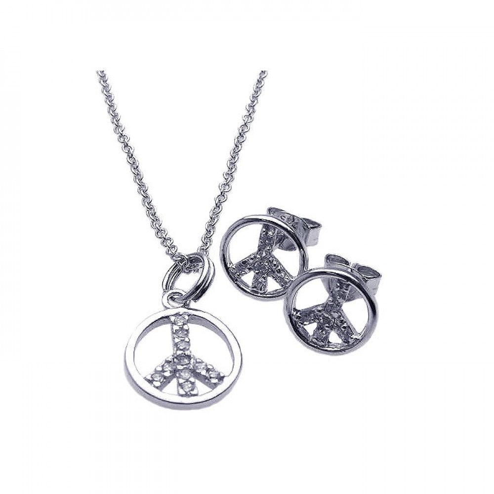 Silver 925 Rhodium Plated Open Peace Sign CZ Stud Earring and Necklace Set - STS00215