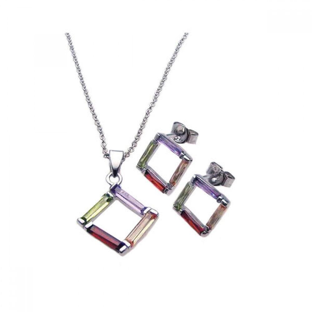 Silver 925 Rhodium Plated Multicolor Open Square CZ Stud Earring and Necklace Set - STS00216