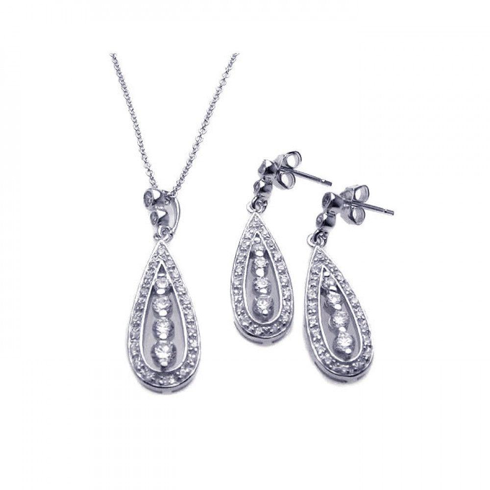 Silver 925 Rhodium Plated Teardrop Channel CZ Dangling Stud Earring and Necklace Set - STS00220