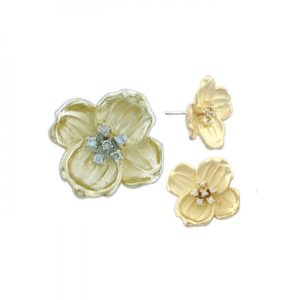 Closeout-Silver 925 Gold Plated Flower CZ Stud Earring and Necklace Set - STS00221